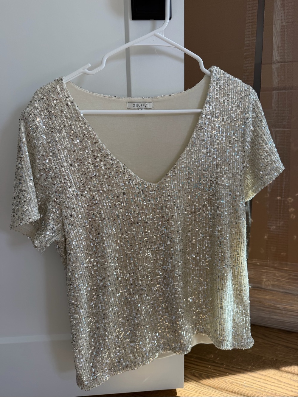 Z Supply Silver Sequin V-Neck Short Sleeve Top